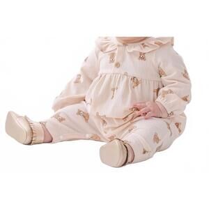 NEW MABEL + HONEY baby girls beary cute knit romper in ivory/tan